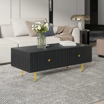 Produktbild von Radelldar Couchtisch Wohnzimmertisch, Kaffeetisch, Sofatisch mit 2 Schubladen und Metallfüßen, Breite 110 cm, Schwarz