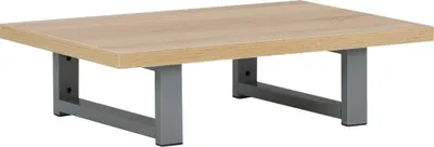 A product shot of a coffee table with a wooden top and gray metal legs, isolated on a white background.