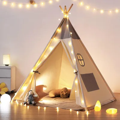 Kinder-Tipi-Zelt grau 120x120x155 cm mit Fenster & Fahnen