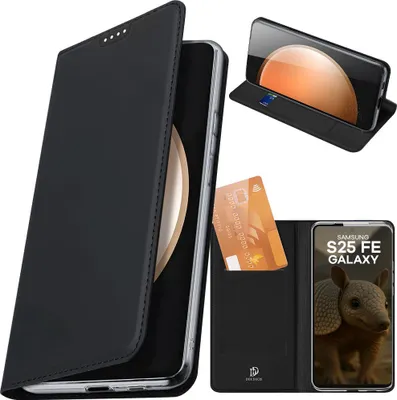 A collage of images showing a black flip phone case with a credit card and a phone displaying an armadillo.