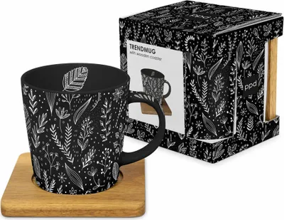 Produktbild von PPD Pure Leaflet black Trend Mug Nature, mit Holzuntersetzer, Tasse, Teetasse, Kaffee Becher, 350 ml, 604569