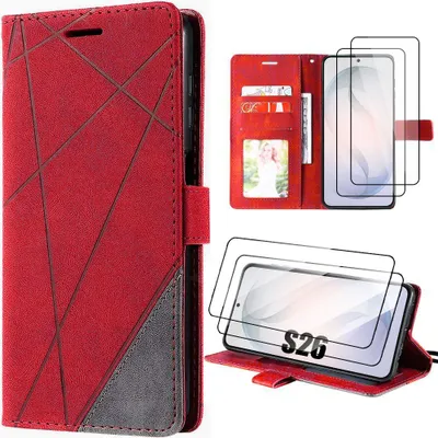 Image de Coque + 2 Verres Trempés pour Samsung Galaxy S26, Flip Case Cuir Synthétique Antichoc Anti-Rayures Rouge Gris