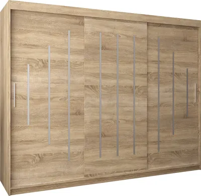 A three-door sliding wardrobe with a wood-effect finish and silver vertical decorative strips.