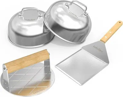 Image de Set d'accessoires de barbecue en acier inoxydable, 4 pièces, comprenant une spatule, un presse-hamburger et 2 barquettes