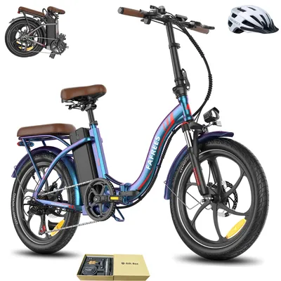 A blue electric bicycle is shown with a helmet and a gift box of accessories.