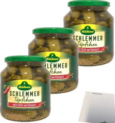 Produktbild von Kühne Schlemmertöpfchen mit Chili verfeinert pikante Cornichons 3er Pack (3x300g Glas) + usy Block