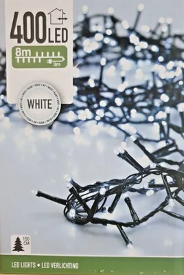 The image shows the packaging of a string of LED lights, with a close-up of the lights themselves.