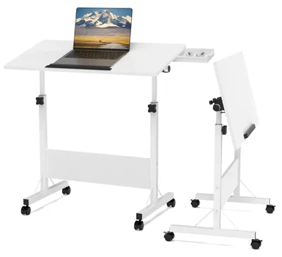 Produktbild von Höhenverstellbarer Laptop-Tisch - Rollbarer Bett- und Computertisch - 80x40 cm Tischplatte - Höhe 65–88 cm - Klappbares Metallgestell mit Rollen - Weiß