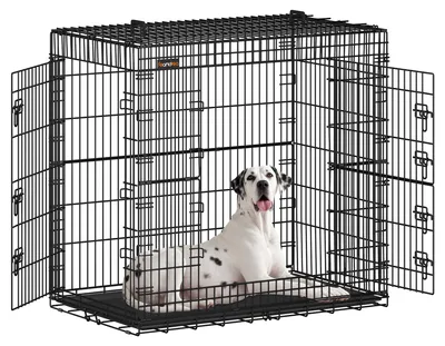 Produktbild von Feandrea Hundekäfig, klappbar, mit 2 Türen, ausziehbare Kunststoffschale, 122 x 74 x 114 cm, XXL, hoch, schwarz PPD050B01 – Größe L 122 x B 74 x H 114 cm