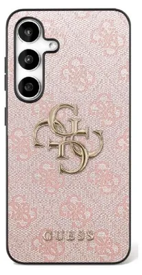 A pink phone case with a repeating Guess logo pattern and a prominent gold Guess logo in the center.