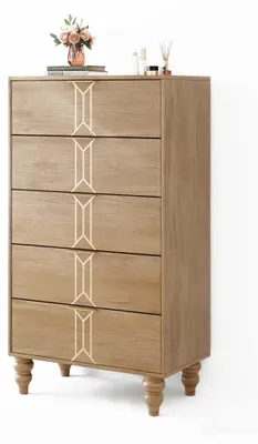 Produktbild von Hohe Kommode - Holz Kommode mit 5 Schubladen - Tiefe Schubladen - Schmaler Aufbewahrungsschrank - Für Schlafzimmer Wohnzimmer Flur - Modernes Design
