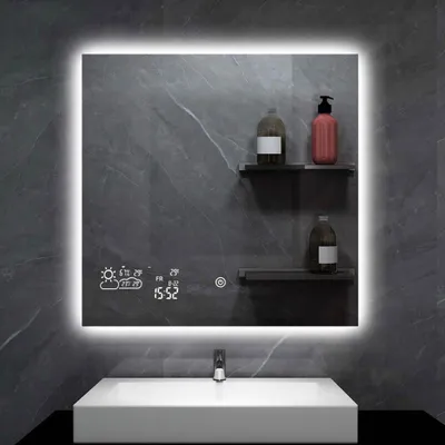 A smart mirror with integrated display and lighting is mounted above a sink in a modern bathroom.
