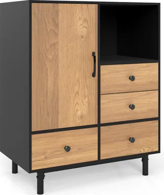 Zdjęcie produktu dla Nowoczesny kredens COSTWAY, szafka bufetowa z metalowymi nogami, 4 szuflady i otwarta komora, komoda z szufladami 80x45,5x97,5 cm (czarny)