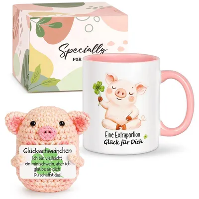 Productafbeelding van Geschenkset "Geluksvarken": mok en gehaakt speeltje met tekst, 325 ml, keramiek