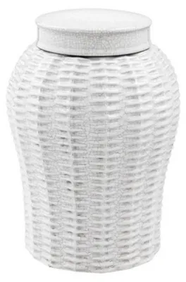 Produktbild von Casa Padrino Designer Keramik Vase mit Deckel in geknistertem Weiß, Durchmesser 18 x H. 26 cm
