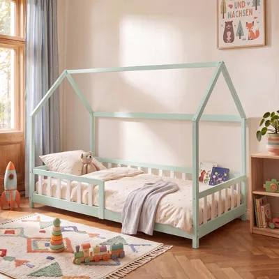 Image de Lit cabane "Hesel" pour enfants, avec barrière de sécurité, dimensions 90 x 200 cm, en bois de pin, couleur vert menthe/blanc