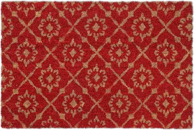 Produktbild von Relaxdays Fußmatte Kokos, florales Muster, 40 x 60 cm, rutschfest, wetterfest, Fußabtreter für innen & außen, rot/natur