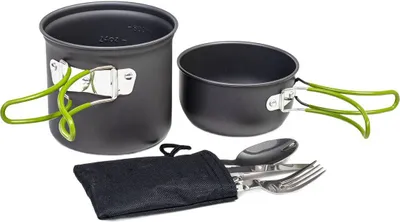 Produktbild von Kochgeschirr-Set Camping Outdoor Grün, Aluminiumtopf und Pfanne mit Besteck