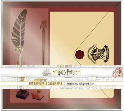 A Harry Potter themed stationery set displayed in its packaging.