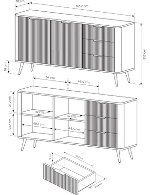 Zdjęcie produktu dla LATTE Komoda 163 cm z 2 drzwiami i 3 szufladami Czarna komoda do salonu i pokoju Nowoczesna komoda z ryflowanymi frontami, Kolor: czarny