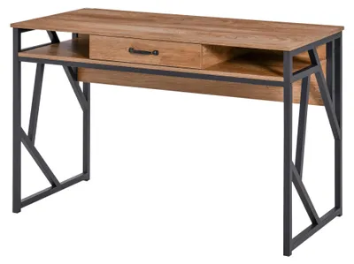 Produktbild von Schreibtisch im Industriestil, 120 x 60 x 76 cm (L x B x H), mit Schublade und 2 Ablagen, schwarzem Metallgestell und Tischplatte, fš¹r Arbeitszimmer und Bš¹ro.