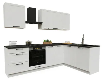 Obrázek produktu pro Rohová kuchyňská linka - tvar L - 260x170 cm - Bílá matná - s černou pracovní deskou - MDF - Moderní kuchyňský nábytek - ADELE
