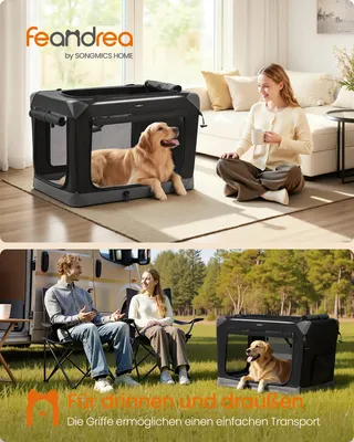 Produktbild von Feandrea Hundebox faltbar, Transportbox, Hundetasche, Oxford-Gewebe, mit 4 Türen aus Netzstoff, Griffen, Tasche, 91,4 cm, schwarz-grau