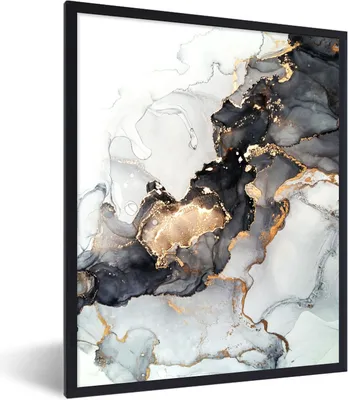 Produktbild von MuchoWow® Gerahmtes Poster Marmor - Schwarz - Weiß - Gold - Luxus - Abstrakt 60x80 cm - Poster mit Schwarzem Bilderrahmen Wandposter Rahmen Foto Bilder - Premium - Wanddeko Wohnzimmer