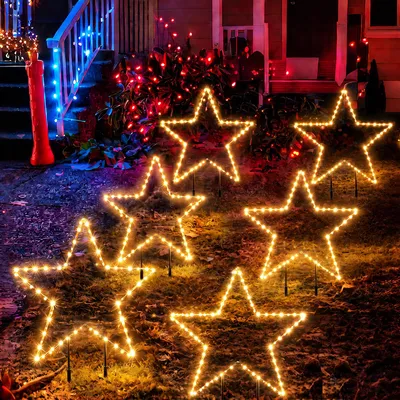 Productafbeelding van SALCAR LED-tuinverlichting, sterrenvorm, 60 cm, 360 LED's, set van 6, 8 lichtmodi, timer, LED-lichtsterren, buitenverlichting voor kerst- en tuinversiering