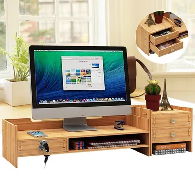 Produktbild von Monitorständer Holz Schreibtischaufsatz mit Schubladen Monitorerhöhung Organizer für Heim und Büro