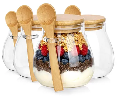 Image de Vilde | Verres à dessert avec couvercle et cuillère lot de 4 440 ml - Verre et bambou