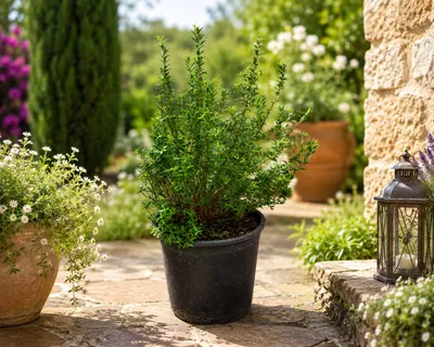 Produktbild von Myrtus communis Busch ca. 50 cm – Echte Brautmyrte Duftmyrte – Mediterrane Myrte, immergrüne Kübelpflanze für Garten & Terrasse, KI-generiertes Bild