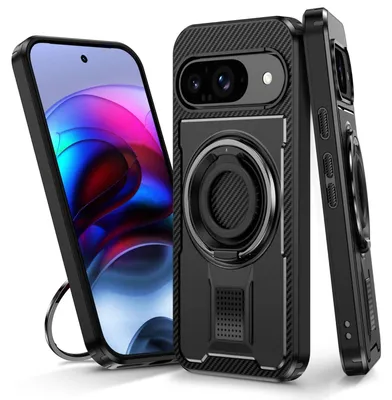 Immagine prodotto di Per Google Pixel 9 / 9 Pro Supporto ad anello in fibra di carbonio Custodia ibrida in TPU Nero