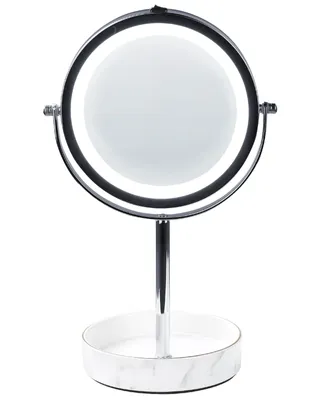 Produktbild von BELIANI Kosmetikspiegel mit LED-Beleuchtung Silber u. Weiß ø 20 cm aus Eisen u. Keramik Doppelseitig Vergrößerungsspiegel Schminkspiegel Tischspiegel