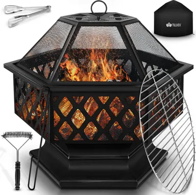Produktbild von tillvex Feuerschale mit Funkenschutz & Grillrost | Feuerstelle Outdoor für den Garten | 4 in 1 BBQ Grill mit Abdeckung, Schürhaken, Zange & Kohlerost