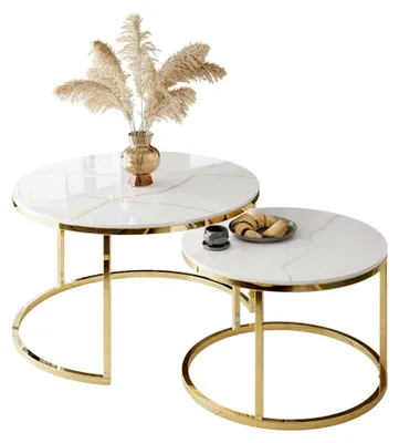 Produktbild von Couchtisch-Set SELAVI 2in1 – moderner Beistelltisch mit Tischplatte in Weißer Marmor-Optik, Gestell in Gold-Chrom, Nesting-Set, 80×42 cm & 60×38 cm, Wohnzimmer Tisch-Set