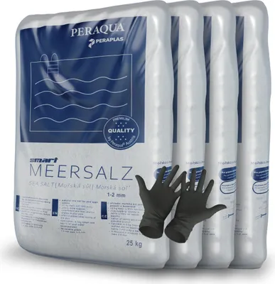 Produktbild von Peraplas Poolsalz 100 kg, Schwimmbadsalz, Chlorinator geeignet, Salzelektrolyse, Siedesalz inklusiv 1 Paar ARNOMED Einweghandschuh