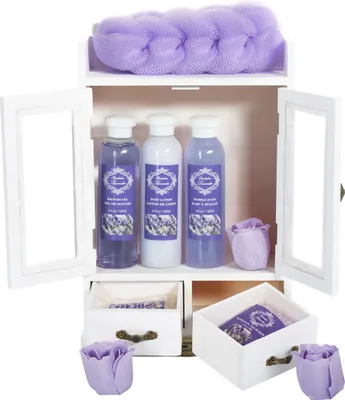 Produktbild von BRUBAKER Cosmetics - 10-dielna darčeková súprava na starostlivosť o telo a kúpeľ - Levanduľa - v bielej Vintage Beauty Cupboard