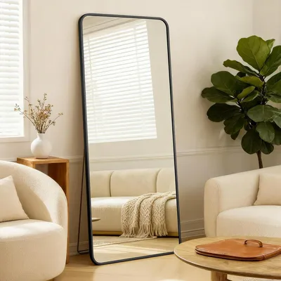 Immagine prodotto di Specchio a figura intera, rettangolare, 190x85 cm, nero, in vetro di sicurezza, da appoggio e da parete