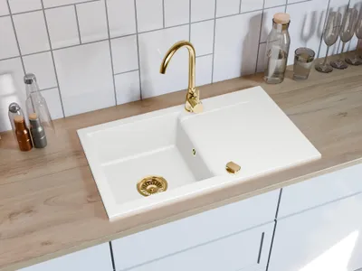 Produktbild von Manestein Spülbecken, Küchenspüle aus Granit, Abtropffläche, Einzelbecken mit Siphon, &, 1 Becken, 76 x 44 cm, Weiss