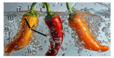 Produktbild von Wanduhr aus Glas mit Motiv Paprika im Wasser- 60 x 30 cm - inkl. Aufhängesystem