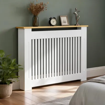 Zdjęcie produktu dla Osłona na grzejnik WISFOR, pionowe listwy, 112 x 20 x 83 cm, imitacja drewna MDF, mocowanie do ściany, idealna do domu i sypialni