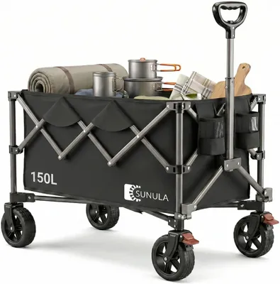 Image de Chariot pliant, capacité de 120 kg, 150 litres, roues tout-terrain noires avec frein, idéal pour le jardin