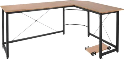 Obrázok produktu pre Happyment® Rohový písací stôl "Tavien" v tvare L - 167 x 120 x 74,5 cm - domáca kancelária, herné a pracovné miesto - vzhľad dreva - P2 MDF a kov