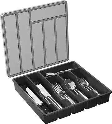 Produktbild von Kš¹chenschubladen-Organizer fš¹r Besteck und Kš¹chenutensilien, Kš¹chenutensilien-Einsatz, Besteckhalter mit Deckel, Besteckkasten mit Schubladeneinteilungen, 6 F?cher, schwarz