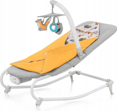 A baby bouncer with a toy arch and a yellow blanket.