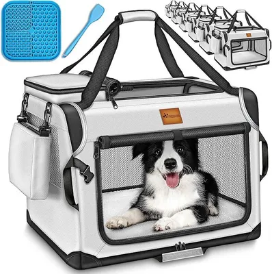 Produktbild von Hundebox faltbar inkl. Leckmatte, Spatel & Reflektoren XL 83x58x58cm | Transportbox für Hunde und Katzen | Hundetransportbox Auto für kleine & große Hunde | Hundetasche robust Grau