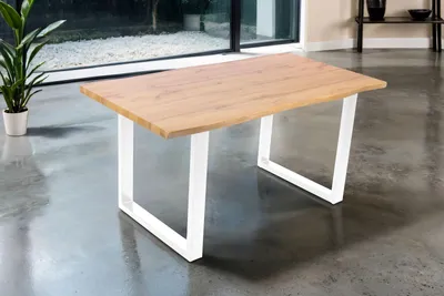 Produktbild von Esstisch 160x85 cm Baumkante Holz Wildeiche-Optik U-Gestell Metall weiß JOSY