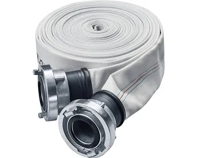 A rolled-up fire hose with Storz couplings attached to both ends, presented on a white background.