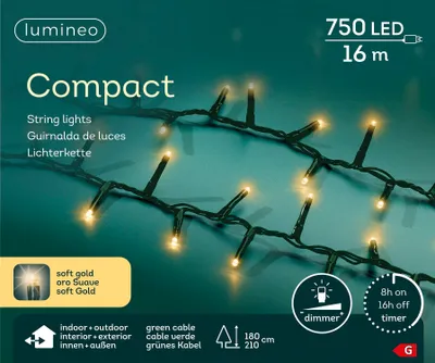 A close-up of green string lights with yellow LED bulbs against a teal background.